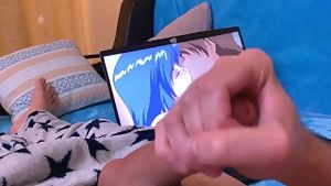 Young man watching hentai porn while jacking off with moans and cum on his hot body - 4k
