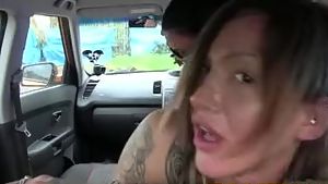 Fake driving school sexy strap on fun for new big tits driver