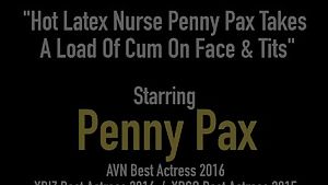 Hot latex nurse penny pax takes a load of cum on face &amp;amp; tits