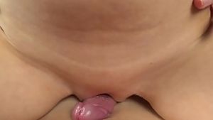 Pov close up cameltoe pussy sliding teasing cock and make huge cumshot as cowgirl