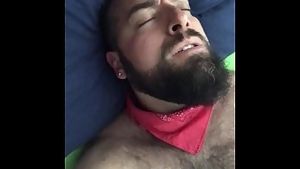 Big bearded and hairy bear wanking rubbing the bed sheet on his hard and wet cock. beautiful agony