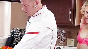 Jessica gets a nice fuck by her Chef in the kitchen