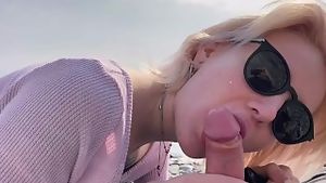 Blonde public blowjob dick and cum in mouth by the sea - outdoor