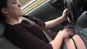 Sexy lou driving and rubbing her wet pussy