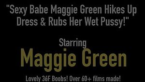 Sexy babe maggie green hikes up dress &amp;amp; rubs her wet pussy!